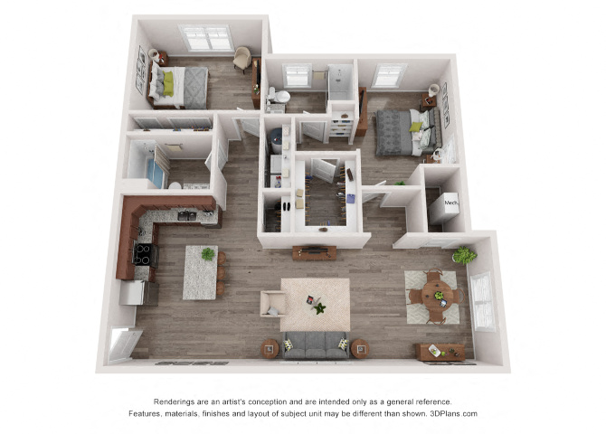 Floor plan for 2 beds, 2 baths, 1251 sqft